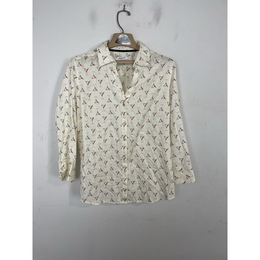 Foxcroft Women Shirt 16‎ Button Up Ivory Wrinkle Free Martini Alcohol Graphic
